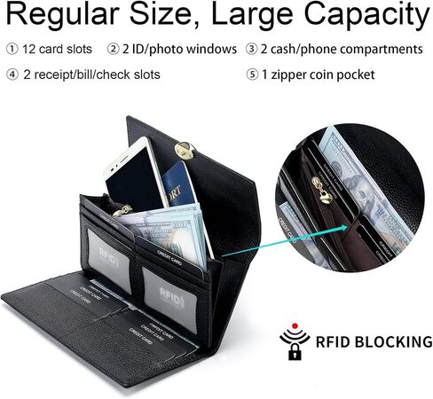 Repterbo Womens Wallets RFID Blocking Genuine Leather Trifold Wallet for Women Long Clutch Card Large Cute Ladies Wallet Black in Saudi Arabia