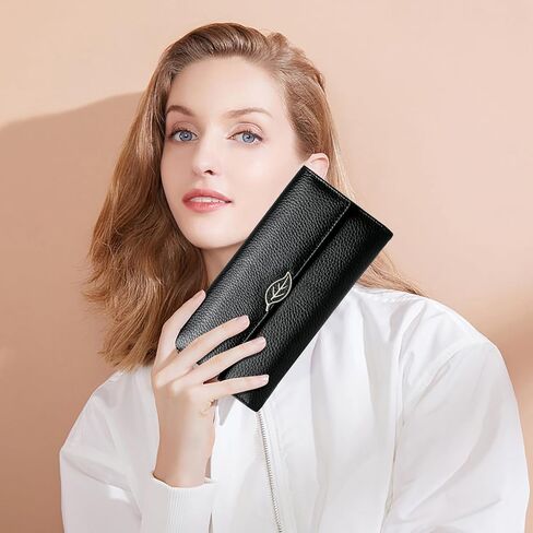 Repterbo Womens Wallets RFID Blocking Genuine Leather Trifold Wallet for Women Long Clutch Card Large Cute Ladies Wallet Black in Saudi Arabia