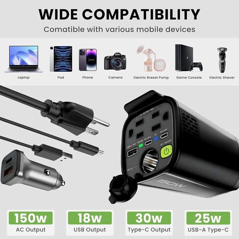 Holulo 150W Car Power Inverter, 12V DC to 110V AC Car Plug in Adapter Outlet, with 2 AC Outlets, 18W USB-A and Dual 30W PD Car Charger, for Laptop Computer in Saudi Arabia