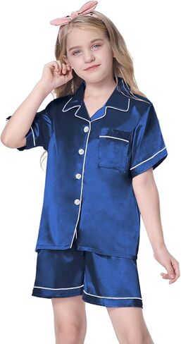 طقم بيجامات أطفال من Schbbbta من الساتان للفتيات بأزرار سفلية وأكمام قصيرة من الحرير أطقم ملابس نوم، كحلي، 13-14 سنة = علامة 170 in Kuwait