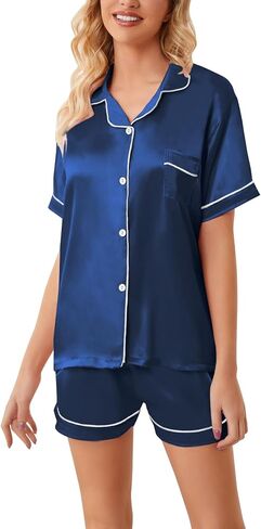 طقم بيجامات أطفال من Schbbbta من الساتان للفتيات بأزرار سفلية وأكمام قصيرة من الحرير أطقم ملابس نوم، كحلي، 13-14 سنة = علامة 170 in Kuwait