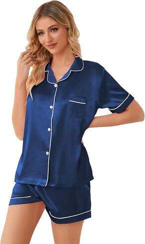 طقم بيجامات أطفال من Schbbbta من الساتان للفتيات بأزرار سفلية وأكمام قصيرة من الحرير أطقم ملابس نوم، كحلي، 13-14 سنة = علامة 170 in Kuwait