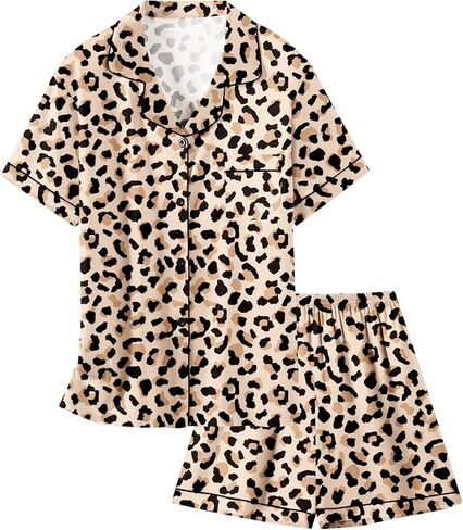 طقم بيجامات من الساتان للفتيات من Schbbbta مكون من قطعتين من البيجامات الحريرية بأكمام قصيرة وأزرار سفلية ملابس نوم للأطفال، بني الفهد، 5-6 سنوات = علامة 130 in Kuwait