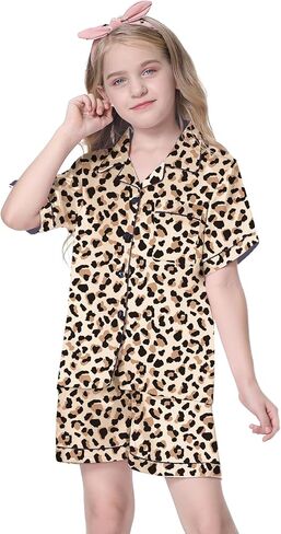 طقم بيجامات من الساتان للفتيات من Schbbbta مكون من قطعتين من البيجامات الحريرية بأكمام قصيرة وأزرار سفلية ملابس نوم للأطفال، بني الفهد، 5-6 سنوات = علامة 130 in Kuwait