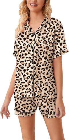 طقم بيجامات من الساتان للفتيات من Schbbbta مكون من قطعتين من البيجامات الحريرية بأكمام قصيرة وأزرار سفلية ملابس نوم للأطفال، بني الفهد، 5-6 سنوات = علامة 130 in Kuwait