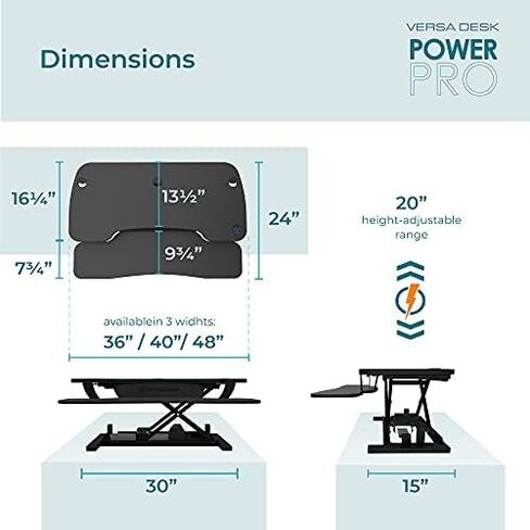 VERSADESK PowerPro 36 Inch Electric Standing Desk Converter, Height Adjustable Sit to Stand Up Desk Riser, Laptop and Dual Monitor Desktop Workstation with Wide Keyboard Tray and USB Port, Black in Kuwait