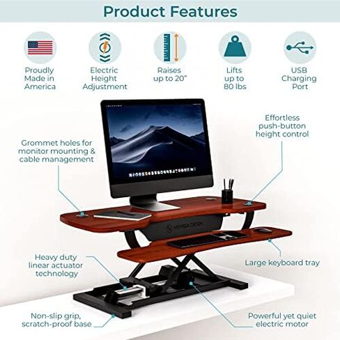 VERSADESK PowerPro 36 Inch Electric Standing Desk Converter, Height Adjustable Sit to Stand Up Desk Riser, Laptop and Dual Monitor Desktop Workstation with Wide Keyboard Tray and USB Port, Black in Kuwait