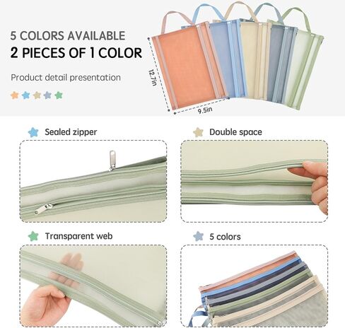 أكياس كبيرة بسحاب شبكي من PZRLit لتنظيم مقاس A4، 10 عبوات حقيبة تخزين جيب شفافة مزدوجة الطبقة مع مقبض لكتاب مكعبات بناء الألغاز، منظم لوحة ألعاب غرفة اللعب in Kuwait