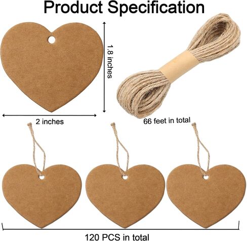 Potanro Valentine's Day Paper Tags 120 PCS Present Heart Tags Tags Party Favor Valentine's Day Paper Tags Gift Tags with String Attached for Wedding,Baby Shower,Bridal Shower (Brown) in Saudi Arabia