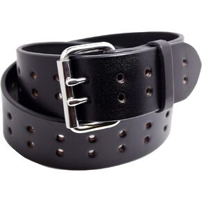Construction Grade, Two Prong, Heavy Duty, Full Grain Leather Work Belt, 2" Wide, Made in USA (Black, Silver Buckle, 56" (Waist 54)) in Saudi Arabia