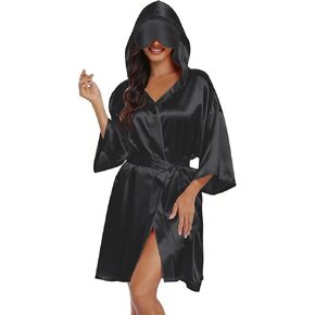 SeSe Code Womens Hooded Satin Robe with Built-in Eye Mask Silky Sleepwear with Snap Closure Bridal Travel Loungewear in Saudi Arabia