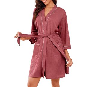 Ekouaer Robes for Women Waffle Knee Length Bathrobe Lightweight Soft Sleepwear V neck 3/4 Casual Ladies Loungewear S-XXL in Kuwait