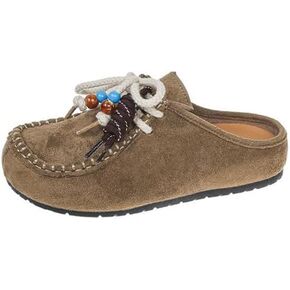 Suede Moccasins Mules for Women Fashion Beaded Comfortable Round Toe Soft Sole Slip On Flat Clog Loafers Casual Daily Work Walking Shoes in Kuwait