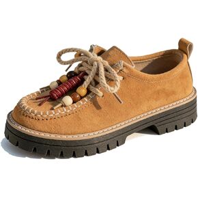 Women's Suede Platform Chunky Heel Loafers Fashion Beaded Lace Up Comfortable Round Toe Anti-Slip Lug Sole Slip On Moccasins Loafers for Daily Work Driving Casual Shoes in Kuwait