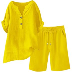 JIEMUXIU مجموعات الكتان للنساء 2 قطعة زر قصيرة الأكمام قمم مع السراويل واسعة الساق الصيف عارضة الكتان مجموعات ملابس الشاطئ in Kuwait