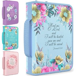 حافظة غطاء الكتاب المقدس من DEHITE للنساء - حافظات الكتاب المقدس من القماش الفاخر للفتيات - حقيبة حمل للمرأة - فتحات القلم - جيب بسحاب - إكسسوارات الزهور المسيحية - حامل كبير جدًا in Kuwait