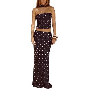 Wuitrie Women's Sexy Polka Dot 2 Piece Skirt Sets Off-Shoulder Crop Top with Neck Tie Maxi Skirt Going Out Vacation Set in Kuwait
