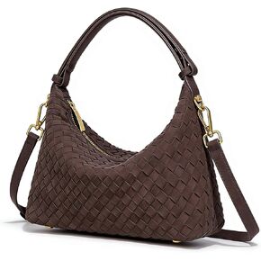 حقائب سكاي كيه بني داكن من جلد الغزال للنساء، محفظة عصرية تحت الإبط، محفظة كتف منسوجة على شكل هلال، حقيبة يد مترهل (قهوة) in Kuwait