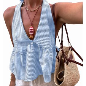 Women Y2K Plaid Babydoll Tank Tops Coquette Tie-up Halter Neck Sleeveless Vest Summer Backless Crop Tops Streetwear in Saudi Arabia