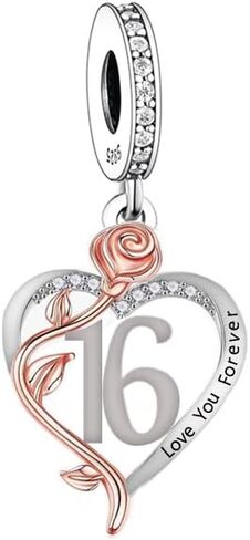 16 16th Birthday I Love You Forever Rose Gold Heart Bead Pendant 925 Sterling Silver Dangle Compatible With Pandora Moments Charm Bracelet in Saudi Arabia