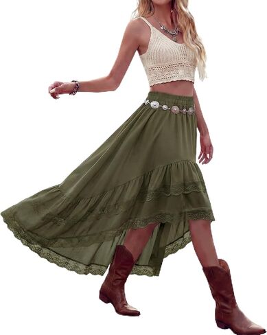Women Asymmetrical Lace Ruffle Skirt Western Boho Skirt Elastic Waist Flowy Layered High Low Cowgirl Country Dress in Saudi Arabia