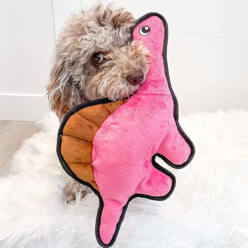 لعبة سناجل بابي تيندر تاف مجعدة - لعبة للكلاب من القطيفة القوية - ديناصور وردي برقبة طويلة مع صوت مجعد وخياطة متينة in Kuwait