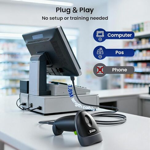 Eyoyo USB Handheld 2D QR Code Scanner, PDF417 Data Matrix Barcode Scanner, Wired Automatic Bar Code Reader with Long USB Cable for POS Mobile Payment, Supermarket, Warehouse in Kuwait
