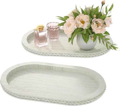 صينية خشبية بيضاوية الشكل من Urban Deco، حامل صينية مزخرفة عتيقة لطاولة القهوة، صينية تقديم بيضاء لغرفة المعيشة والمطبخ وديكور المنزل - عبوة واحدة in Kuwait