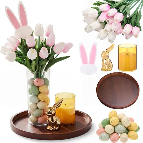 Novabright Spring Easter Centerpiece Table Decorations Pastel Eggs Artificial Tulips Wooden Bunny Statue Basket Tray Bowl for Easter Farmhouse Decor for Coffee Table Kitchen Living Room in Saudi Arabia