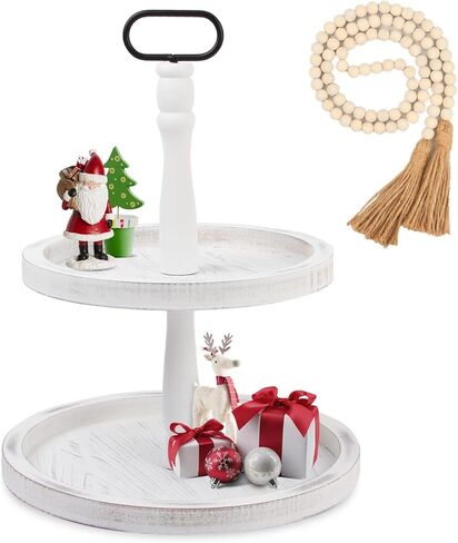 Tiered Tray Stand, Rustic Wooden 2 Tiered Tray, Distressed Wood 2-Tier Tray with Metal Handle, Serving Tier Tray, Food Fruits Cupcake Display Coffee Bar Home Party Seasonal Decorations in Saudi Arabia