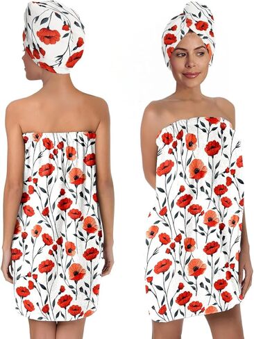 Red Poppy Bath Wrap Set with Hair Turban, Floral Pattern Absorbent Quick-Dry, Spa Towel Wrap, Towel Robe for Women in Saudi Arabia