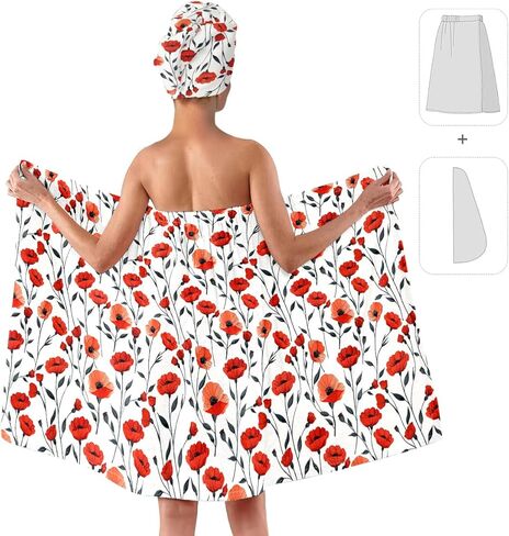 Red Poppy Bath Wrap Set with Hair Turban, Floral Pattern Absorbent Quick-Dry, Spa Towel Wrap, Towel Robe for Women in Saudi Arabia