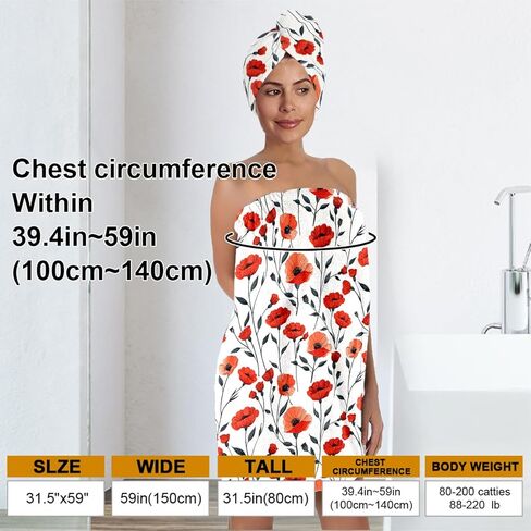 Red Poppy Bath Wrap Set with Hair Turban, Floral Pattern Absorbent Quick-Dry, Spa Towel Wrap, Towel Robe for Women in Saudi Arabia