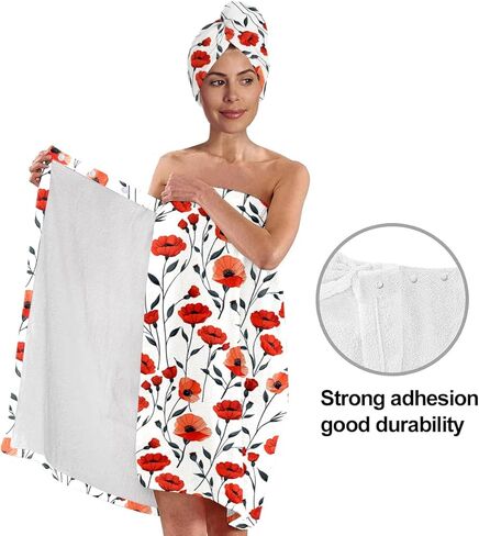 Red Poppy Bath Wrap Set with Hair Turban, Floral Pattern Absorbent Quick-Dry, Spa Towel Wrap, Towel Robe for Women in Saudi Arabia