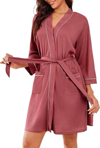Ekouaer Robes for Women Waffle Knee Length Bathrobe Lightweight Soft Sleepwear V neck 3/4 Casual Ladies Loungewear S-XXL in Saudi Arabia