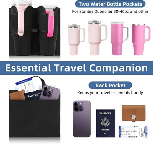 حامل أكواب الأمتعة للحقائب، متوافق مع أكواب ستانلي 30-40 أونصة، حامل أكواب الأمتعة قابل للطي مع جيب للهاتف والتذاكر، ملحق سفر مقاوم للماء بدون استخدام اليدين in Kuwait