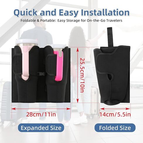 حامل أكواب الأمتعة للحقائب، متوافق مع أكواب ستانلي 30-40 أونصة، حامل أكواب الأمتعة قابل للطي مع جيب للهاتف والتذاكر، ملحق سفر مقاوم للماء بدون استخدام اليدين in Kuwait