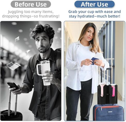 حامل أكواب الأمتعة للحقائب، متوافق مع أكواب ستانلي 30-40 أونصة، حامل أكواب الأمتعة قابل للطي مع جيب للهاتف والتذاكر، ملحق سفر مقاوم للماء بدون استخدام اليدين in Kuwait