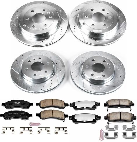 طقم فرامل أمامية وخلفية PowerStop لـ Buick Enclave 2008-17 |Chevrolet Traverse 2009-17 - وسادات فرامل سيراميك من ألياف الكربون للشاحنة والسحب + ترقية الدوارات المحفورة والمشقوقة، K4466-36 in Kuwait