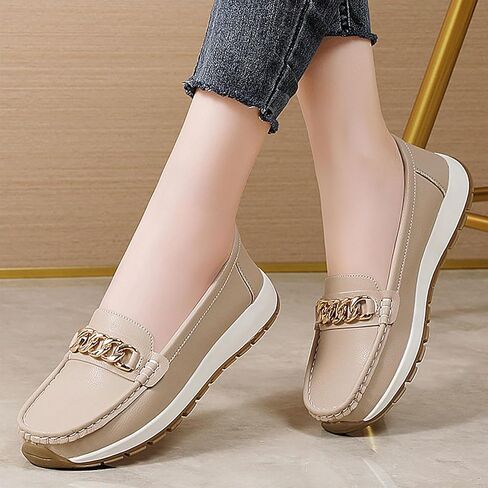 Chain Causal Loafers for Women's Leather Platform Non Slip Comfort Arch Support Slip-Ons Driving Mocs Walking Shoes Fashion Work Dress Walking Moccasins Flats in Saudi Arabia