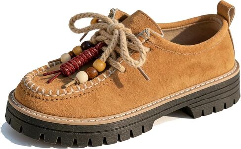 Women's Suede Platform Chunky Heel Loafers Fashion Beaded Lace Up Comfortable Round Toe Anti-Slip Lug Sole Slip On Moccasins Loafers for Daily Work Driving Casual Shoes in Kuwait