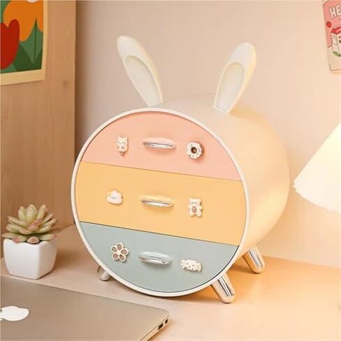 Lockable Desktop File Cabinet - Cute Bunny 3-Drawer Storage for Hair Clips & Jewelry, Portable Makeup Organizer, Flat File Cabinet with Security Drawer in Saudi Arabia