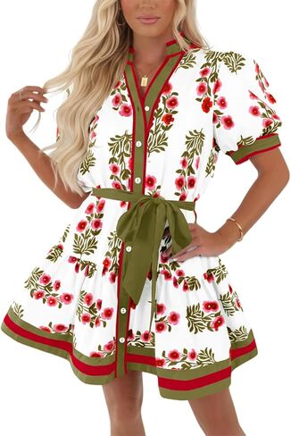 Wenrine Womens Summer Floral Mini Dress Puff Short Sleeve V Neck Button Down Casual Loose Boho Beach Dresses with Belt in Saudi Arabia