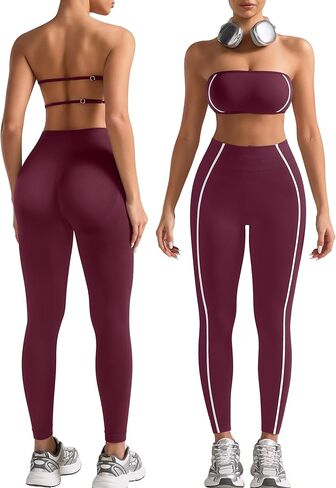 مجموعة تمارين نسائية من Relety مكونة من قطعتين حمالة صدر رياضية بدون خياطة وبنطلون ضيق بمؤخرة متباينة ومبطنة بشريط متباين ملابس يوجا in Kuwait