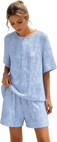 أطقم صالة للنساء قميص بياقة دائرية نصف كم مكون من قطعتين طقم شورت فضفاض مع جيوب أطقم صيفية متطابقة in Kuwait