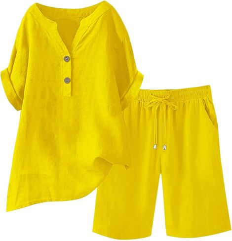 JIEMUXIU مجموعات الكتان للنساء 2 قطعة زر قصيرة الأكمام قمم مع السراويل واسعة الساق الصيف عارضة الكتان مجموعات ملابس الشاطئ in Kuwait