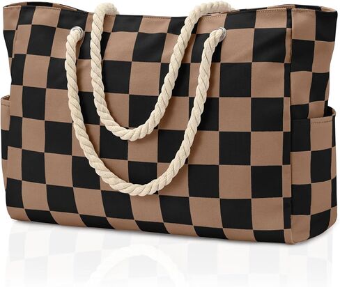 حقائب الشاطئ من بيكوكان للنساء، حقيبة كبيرة للشاطئ ذات مربعات وسحاب، حقائب شاطئ مقاومة للماء ومقاومة للرمل، حقيبة حمام سباحة من القماش in Kuwait