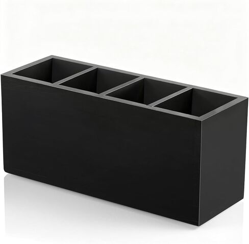 حامل قلم رصاص للمكتب، منظمات مكتب خشبية وإكسسوارات مع 4 فتحات للمنضدة، منظم حامل فرشاة المكياج لزينة الحمام، علبة فضية للحفلات، أسود in Kuwait