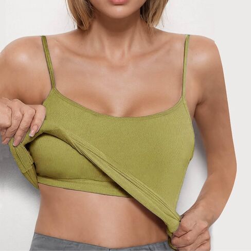 Women's Summer Camisole Tops with Bulit in Bra Knit Ribbed Supportive Padded Spaghetti Strap Slim Tank Top for Yoga in Saudi Arabia