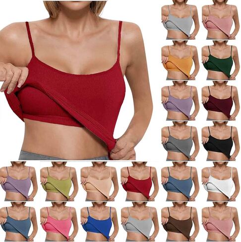 Women's Summer Camisole Tops with Bulit in Bra Knit Ribbed Supportive Padded Spaghetti Strap Slim Tank Top for Yoga in Saudi Arabia